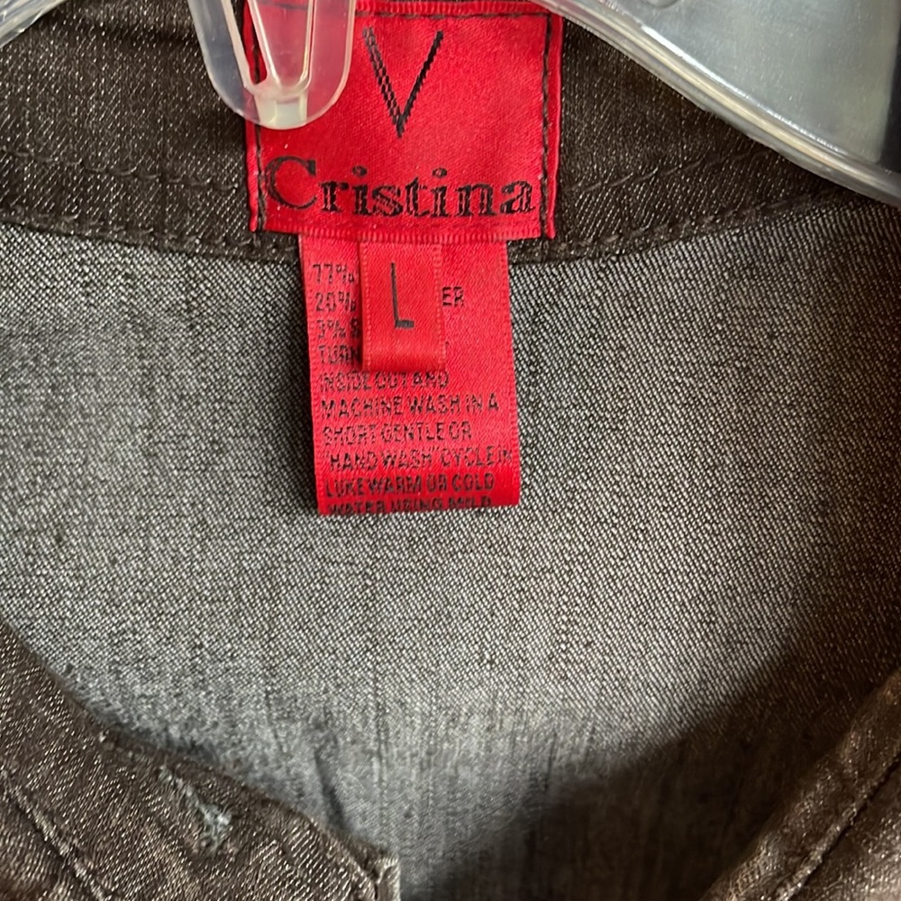 Christina stretch cropped brown denim jacket rhinestone detail size large - Picture 7 of 7